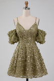 Sparkly Olive Floral A Line Cold Shoulder Short Cocktail Dress