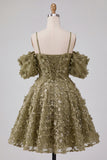 Sparkly Olive Floral A Line Cold Shoulder Short Cocktail Dress