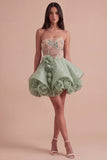 Sparkly Sequins Corset Beaded Floral Dusty Sage Strapless Short Cocktail Dress