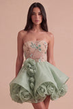 Sparkly Sequins Corset Beaded Floral Dusty Sage Strapless Short Cocktail Dress