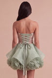 Sparkly Sequins Corset Beaded Floral Dusty Sage Strapless Short Cocktail Dress