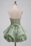 Sparkly Sequins Corset Beaded Floral Dusty Sage Strapless Short Cocktail Dress