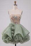 Sparkly Sequins Corset Beaded Floral Dusty Sage Strapless Short Cocktail Dress