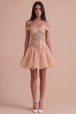 Light Pink Sparkly Beaded Floral Off the Shoulder Bubble Short Cocktail Dress