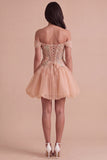 Light Pink Sparkly Beaded Floral Off the Shoulder Bubble Short Cocktail Dress