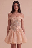 Light Pink Sparkly Beaded Floral Off the Shoulder Bubble Short Cocktail Dress