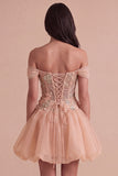 Light Pink Sparkly Beaded Floral Off the Shoulder Bubble Short Cocktail Dress