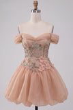 Light Pink Sparkly Beaded Floral Off the Shoulder Bubble Short Cocktail Dress