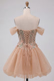 Light Pink Sparkly Beaded Floral Off the Shoulder Bubble Short Cocktail Dress