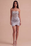 Light Grey Floral Sparkly Corset Sequins Strapless Ruched Short Cocktail Dress