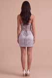 Light Grey Floral Sparkly Corset Sequins Strapless Ruched Short Cocktail Dress