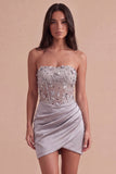 Light Grey Floral Sparkly Corset Sequins Strapless Ruched Short Cocktail Dress