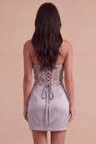 Light Grey Floral Sparkly Corset Sequins Strapless Ruched Short Cocktail Dress