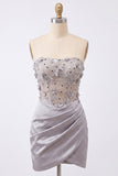 Light Grey Floral Sparkly Corset Sequins Strapless Ruched Short Cocktail Dress