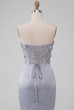 Light Grey Floral Sparkly Corset Sequins Strapless Ruched Short Cocktail Dress