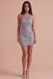 Sparkly Sequins Floral Grey One Shoulder Bodycon Short Cocktail Dress