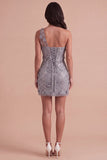 Sparkly Sequins Floral Grey One Shoulder Bodycon Short Cocktail Dress