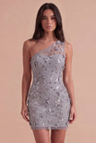 Sparkly Sequins Floral Grey One Shoulder Bodycon Short Cocktail Dress