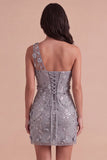 Sparkly Sequins Floral Grey One Shoulder Bodycon Short Cocktail Dress