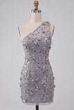 Sparkly Sequins Floral Grey One Shoulder Bodycon Short Cocktail Dress