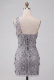 Sparkly Sequins Floral Grey One Shoulder Bodycon Short Cocktail Dress