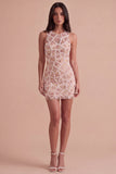 Blush Sparkly Sequins Beaded Keyhole Short Cocktail Dress