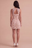 Blush Sparkly Sequins Beaded Keyhole Short Cocktail Dress