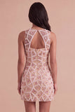 Blush Sparkly Sequins Beaded Keyhole Short Cocktail Dress