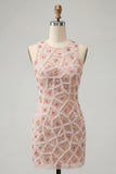 Blush Sparkly Sequins Beaded Keyhole Short Cocktail Dress
