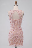Blush Sparkly Sequins Beaded Keyhole Short Cocktail Dress