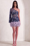 Navy Sparkly Sequins Floral One Shoulder Short Cocktail Dress with Feather
