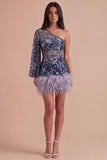 Navy Sparkly Sequins Floral One Shoulder Short Cocktail Dress with Feather