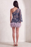 Navy Sparkly Sequins Floral One Shoulder Short Cocktail Dress with Feather
