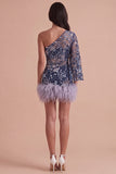 Navy Sparkly Sequins Floral One Shoulder Short Cocktail Dress with Feather