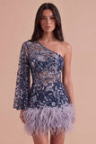 Navy Sparkly Sequins Floral One Shoulder Short Cocktail Dress with Feather
