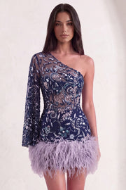 Navy Sparkly Sequins Floral One Shoulder Short Cocktail Dress with Feather