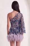 Navy Sparkly Sequins Floral One Shoulder Short Cocktail Dress with Feather