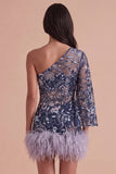 Navy Sparkly Sequins Floral One Shoulder Short Cocktail Dress with Feather