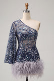 Navy Sparkly Sequins Floral One Shoulder Short Cocktail Dress with Feather