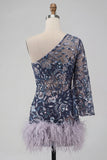 Navy Sparkly Sequins Floral One Shoulder Short Cocktail Dress with Feather