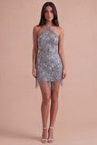 Sparkly Sequins Floral Beaded Grey Halter Short Cocktail Dress with Fringes