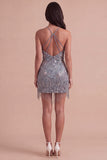 Sparkly Sequins Floral Beaded Grey Halter Short Cocktail Dress with Fringes
