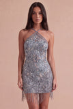 Sparkly Sequins Floral Beaded Grey Halter Short Cocktail Dress with Fringes