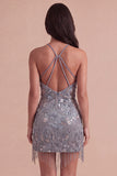 Sparkly Sequins Floral Beaded Grey Halter Short Cocktail Dress with Fringes