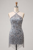 Sparkly Sequins Floral Beaded Grey Halter Short Cocktail Dress with Fringes