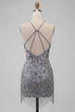 Sparkly Sequins Floral Beaded Grey Halter Short Cocktail Dress with Fringes