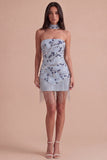 Dusty Blue Sparkly Sequins Floral Beaded Bodycon Short Cocktail Dress