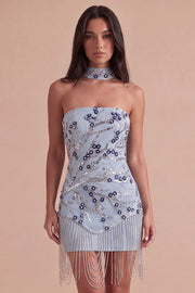 Dusty Blue Sparkly Sequins Floral Beaded Bodycon Short Cocktail Dress