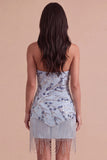 Dusty Blue Sparkly Sequins Floral Beaded Bodycon Short Cocktail Dress