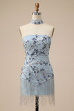 Dusty Blue Sparkly Sequins Floral Beaded Bodycon Short Cocktail Dress
